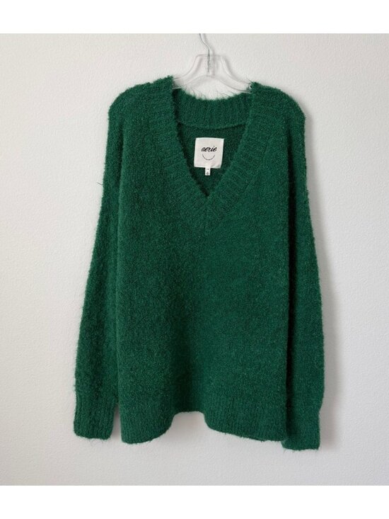 aerie Sweaters - AERIE Long Sleeve V-Neck Green Oversized Fluffy Pullover Sweater Size L